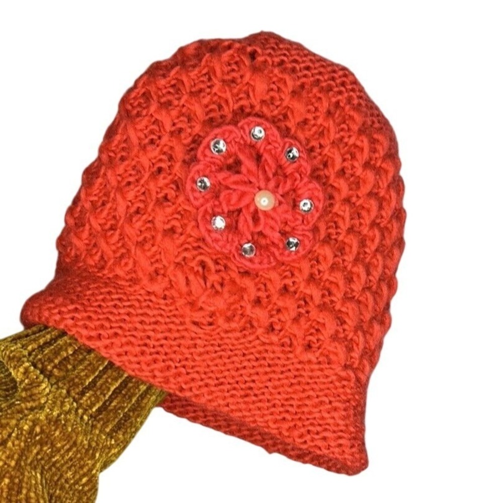 Womens Salmon Faux Pearl Jewel Embellished Handmade Crochet Knit Winter Beanie